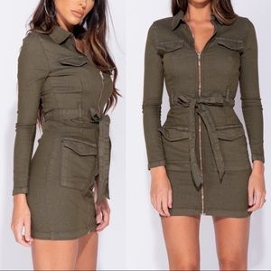 Lexi - Olive Zip Up Long Denim Dress